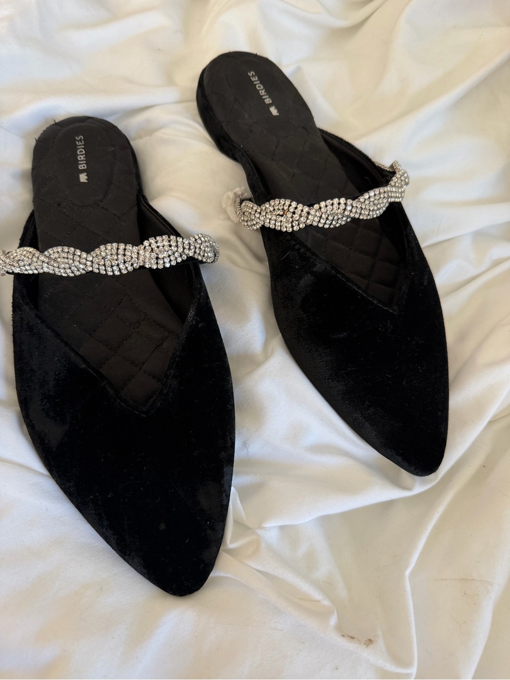 Birdies Black Velvet Pointed Mules with Twisted Crystal Strap
